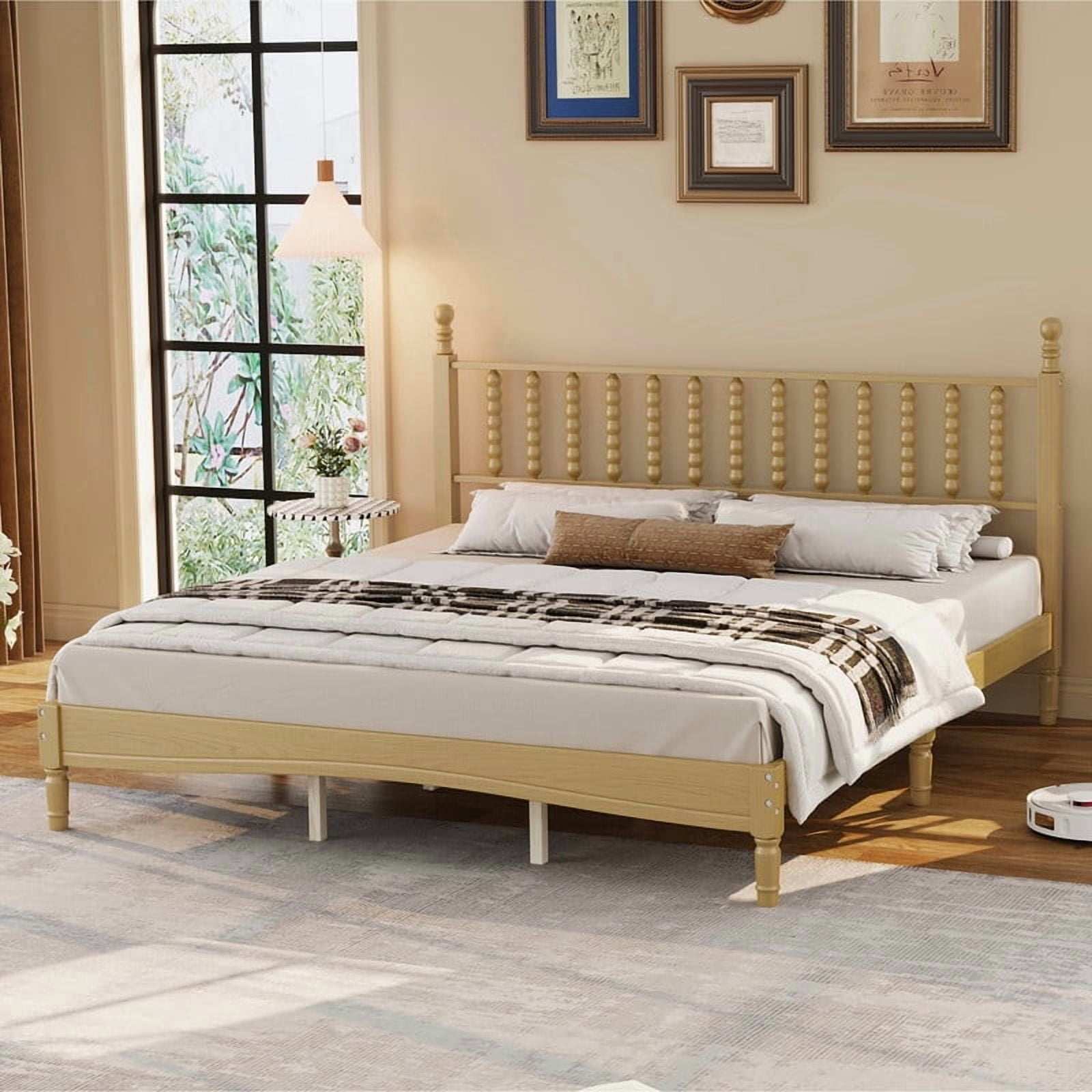 Mid-Century Modern King Size Wood Platform Bed with Gourd Shaped Headboard, Retro Style Low Profile Bed Frame with Slats Support
