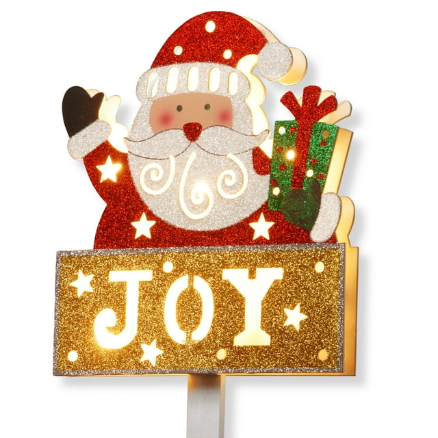 35" Wood-Look Double Sided Santa with JOY Sign with 10 Warm White Battery Operated LED Lights