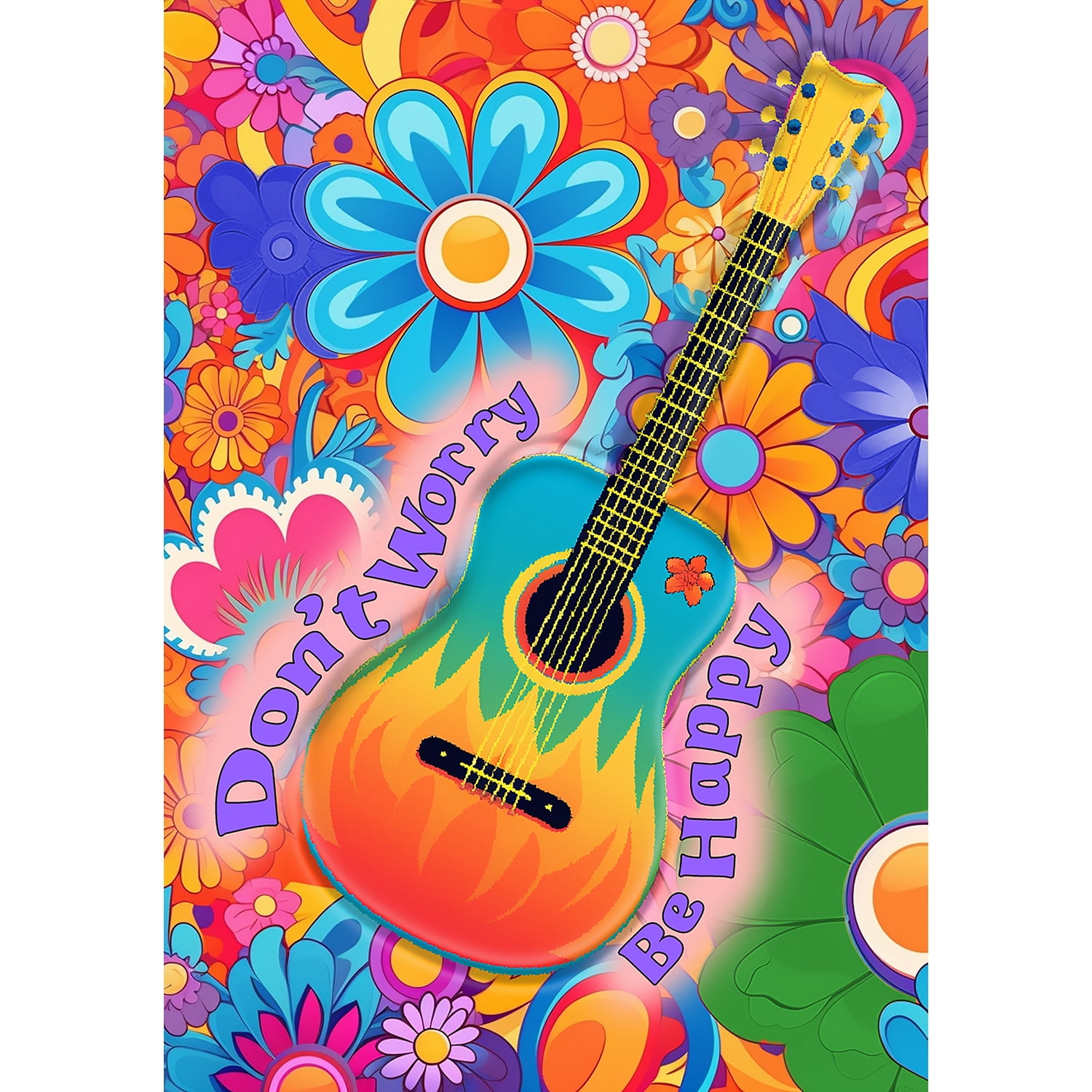 America Forever Don't Worry Be Happy House Flag 28 x 40 inch Double Sided Guitar Music Flowers Hippie Positive Message Outdoor Yard Flag