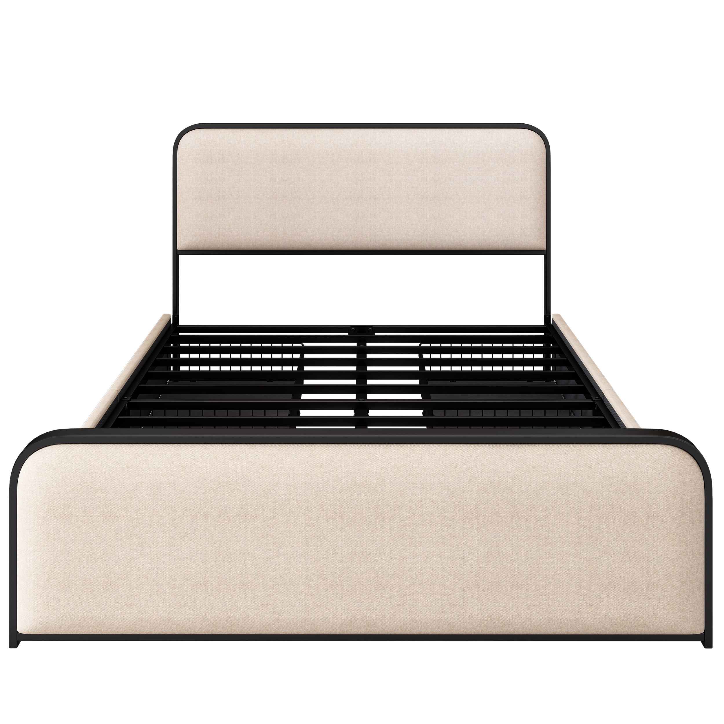 MAYEERTY Queen Metal Bed Frame Curved Upholstered Headboard 4 Drawers for Bedroom Beige