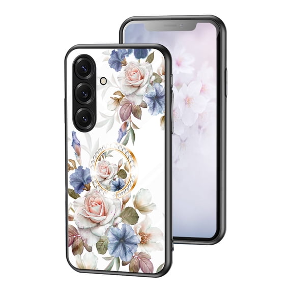 Case for Samsung Galaxy S26, Tempered Glass Back TPU Frame, Floral Pattern Diamond Ring Stand Ultra Slim Lightweight Anti-Scratch Back Case Drop Protective Support Magnetic Car Mount - White