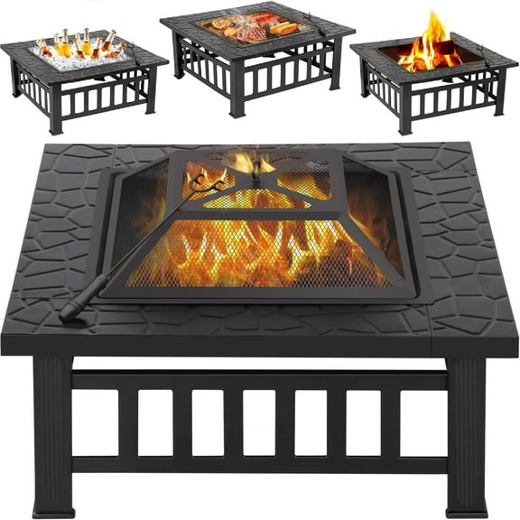 JOYFULIN Fire Pit, 32'' Multipurpose Square Metal Firepit Stove with Net Lid and Poker, Backyard Patio Fireplace for Camping, Outdoor Heating, Bonfire and Picnic