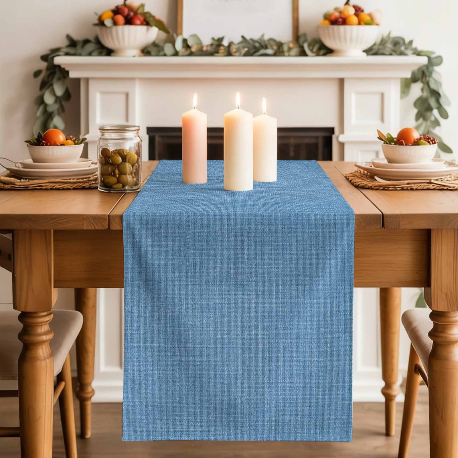 Blue Burlap Texture Table Runner, Farmhouse Vintage Blue Washable Cotton Linen Table Runners 48 Inches Long, Dresser Scarf Runner for Nightstand/Coffee/End Tables 13''x48''