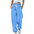 thumbnail image 2 of Women's Stripe Pants Elastic Waist Dreawstring Trousers Casual Jogger with Pockets Sky Blue 2XL, 2 of 5