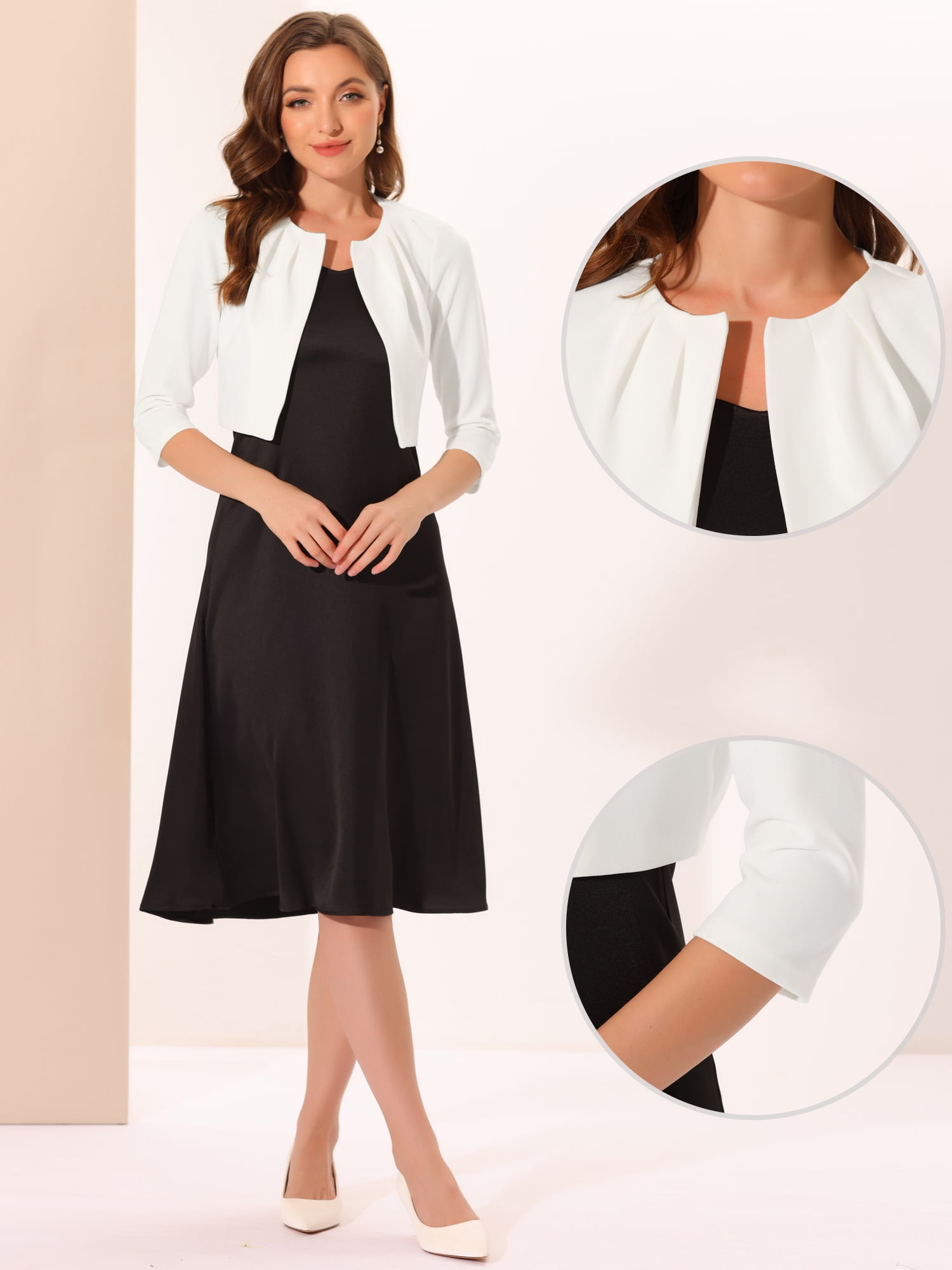 DARING DIVA Women's 3/4 Sleeve Shrug Top Collarless Pleated Open Front Cropped Cardigan L White