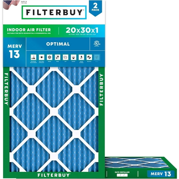 Filterbuy 20x30x1 MERV 13 Pleated HVAC AC Furnace Air Filters (2-Pack)
