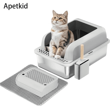 Apetkid Stainless Steel Litter Box with Lid, Extra Large Enclosed Litter Box for Big Cats XL Metal Litter Pan Tray with Cat Litter Mat Litter Scoop, Non-Sticky, Anti-Leakage