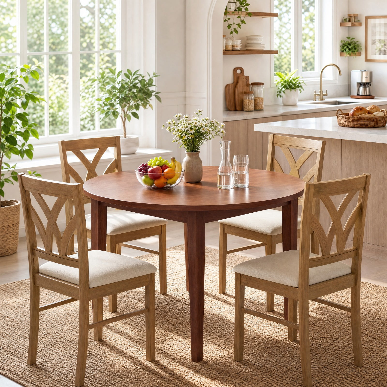Furnibear Upholstered Wooden Dining Chairs Set of 2 with Hollowed Backrest and Padded Seats on Solid Rubber Wood Frame, Oak
