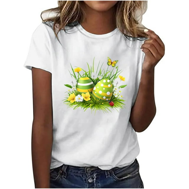 Tnhcen T-Shirts pour Femmes d'Été, Nouveauté, Pâques, Imprimé Mignon, Col Rond, Manches Courtes – T-Shirts Basiques Grande Taille, P-3TG, Hauts en Polyester Respirant