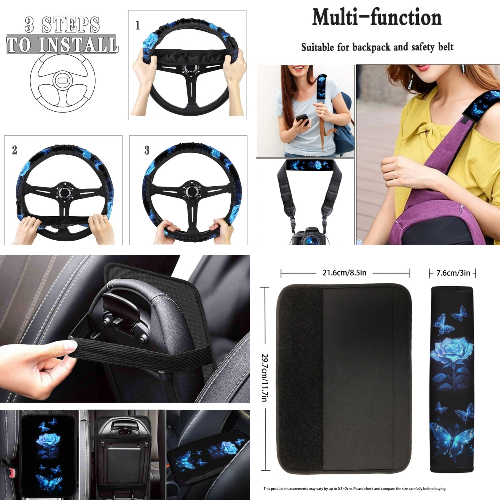 Jeiento Blue Rose Car Seat Cover Full Set Car Floor Mats Steering Wheel Cover Seatbelt Pad Armrest Cover Butterfly Cup Coaster Keychains Chapstick Holder Auto Interior Accessories Set of 17