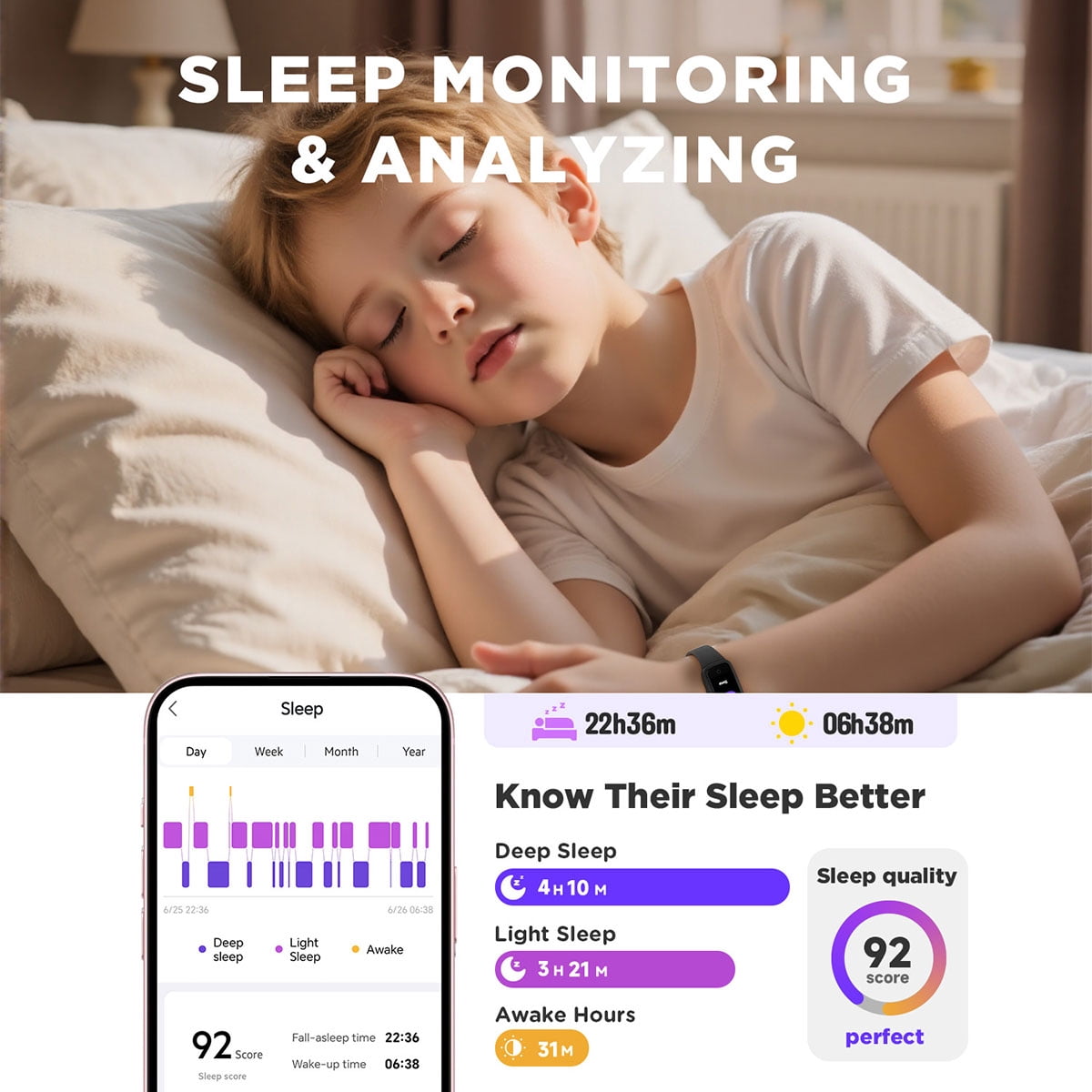 BIGGERFIVE Vigor 3 Kids Fitness Tracker Watch, AMOLED Screen, No App No Phone Needed, 3ATM Waterproof, Heart Rate and Sleep Monitor, Pedometer Watch, Sports Step Counter for Girls Ages 5-15, Black