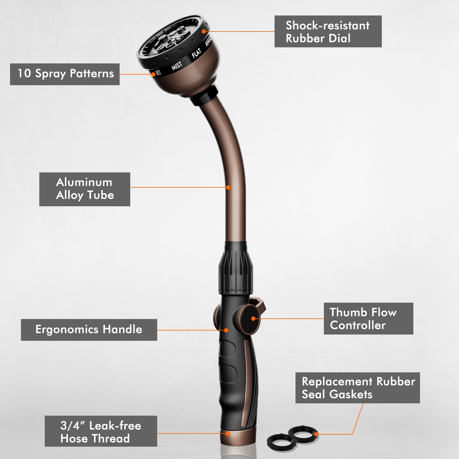 Restmo Metal Watering Wand with 10 Spray Patterns, 15-Inch Hose Nozzle Sprayer with Thumb Flow Control
