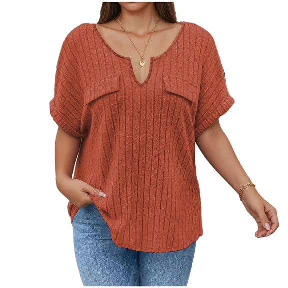 Lpmadey Womens Plus Size Tops V Neck Ribbed Solid Color Short Sleeve Blouses Casual Tunic Shirts