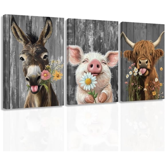 ZHONGYUTONG 3 Piece Farm Animal Wall Art Funny Highland Cow Donkey Pig Painting Animal and Flower Pictures Farmhouse Canvas Prints Home Decor Framed (11.00" x 14.00" x 3PCS)