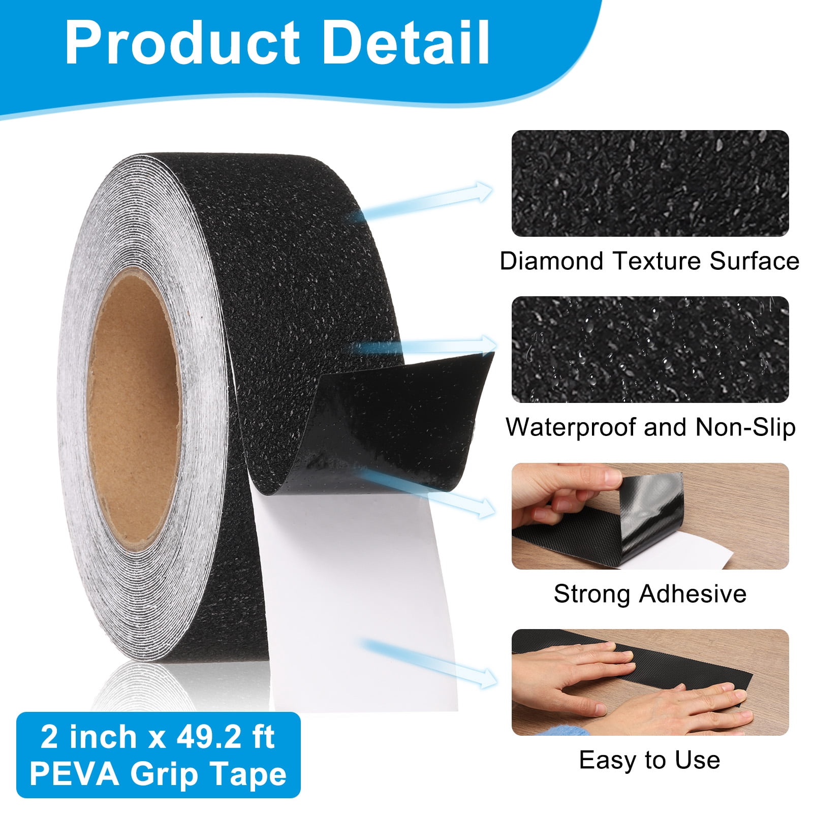 Rubber Grip Tape, 2" x 49.2 Ft Non-Slip Tape Broken Stone Textured Adhesive Grip Tape for Outdoor/Indoor Steps (Black)