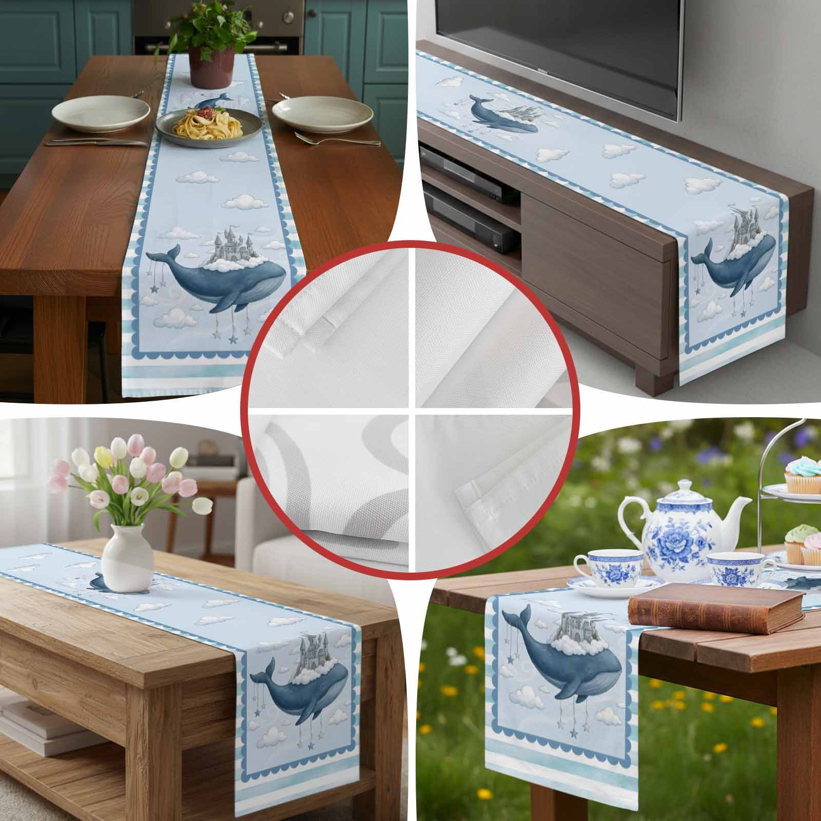 Burlap Table Runner 70 Inches Long,Ocean Whale Castle Cloud Sky Non-Slip Kitchen Table Runners for Dining Room Everyday Use Party Table Decorations Blue Theme Stripe