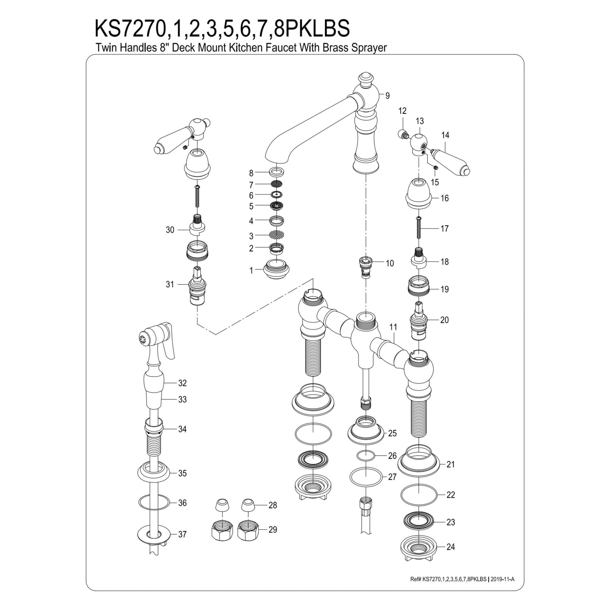 Kingston Brass KS7276PKLBS Duchess Bridge Kitchen Faucet with Brass Side Sprayer, Polished Nickel