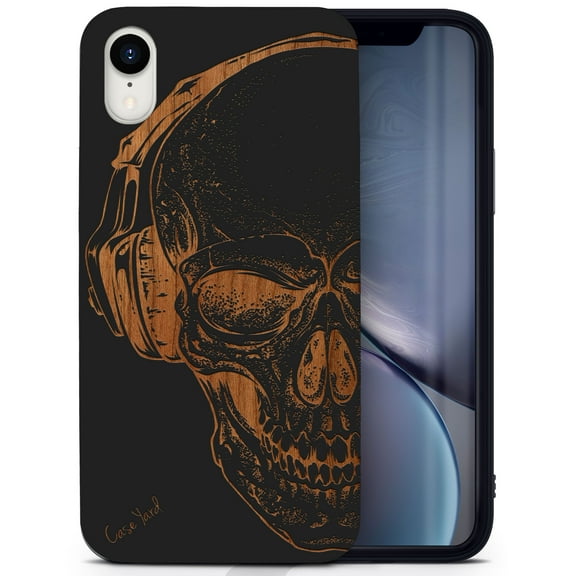Wood phone case for iPhone XR compatible protective cell phone cover shockproof slim fit laser engraved Headphone Skull design Black wood case for Men & Women by CaseYard