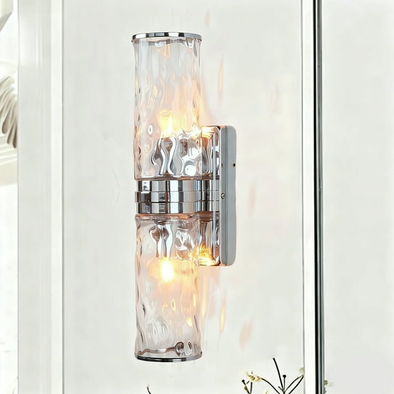Modern Double Tube Hammered Glass Shade Sconce with Chrome Metal, Rich Finishes Wall Sconce, Minimalist Wall Light beside Mirror, for Hallway, Entryway