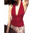 thumbnail image 3 of Womens Fashion Versatile Solid Color Halter V Neck Backless Slim Fit Sleeveless Vest Top Red M, 3 of 9
