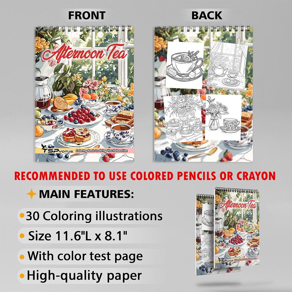 TSPVOTUS Afternoon Tea Coloring Book for Adult, Spiral Bound, Soft Cover