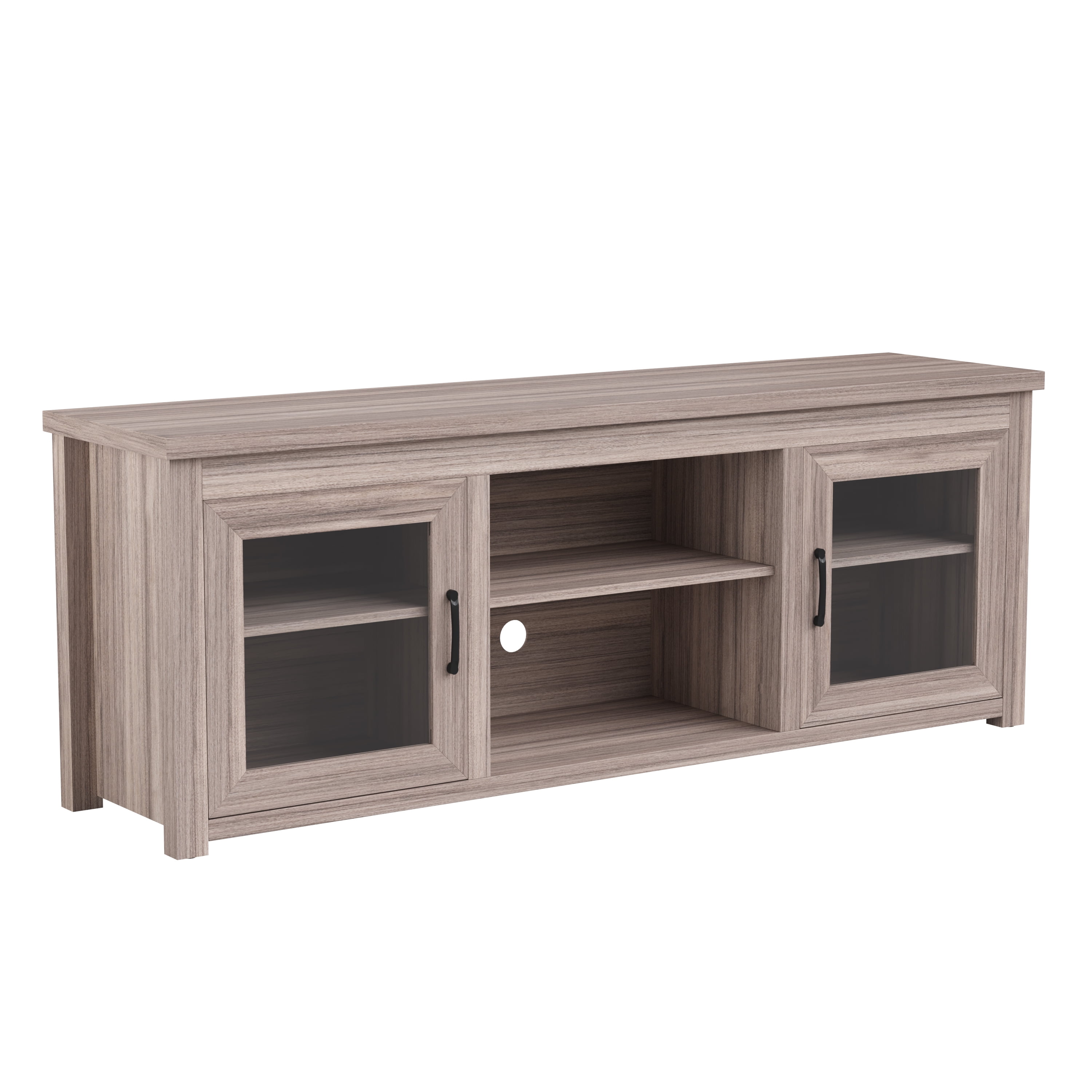 BizChair Classic TV Stand up to 80" TVs - Gray Wash Oak Finish with Full Glass Doors - 65" Engineered Wood Frame - 3 Shelves