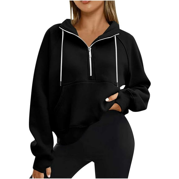 MaFYtyTPR Women Half Zip Sweatshirts Fashion Stand Collar Cropped Quarter Zip Up Pullover Tops 2025 Winter Clothes Black L