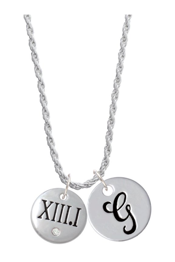 Silvertone Half Marathon with Clear Crystal Roman Numeral Silvertone Script Initial Disc - G - Charm Necklace, 20"+3"