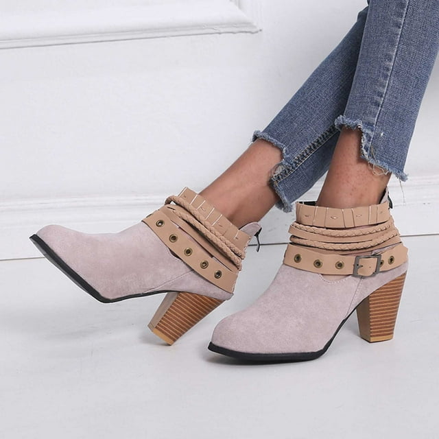 Styesk Bottes pour Femmes Bottes Rétro pour Femmes Mode Fermeture Éclair Arrière Boucle de Ceinture Bottines Épaisses Bottes de Travail pour Femmes