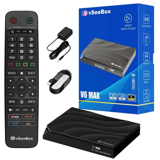 Vseebox V6 Max Version Voice Control, 8K HDMI, Android 14, 4GB RAM, 64GB Storage