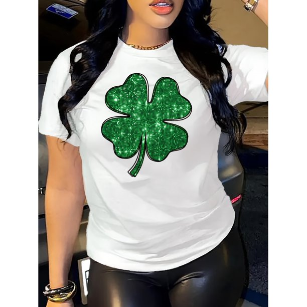 Women'S Short-Sleeve Round-Neck T-Shirt with a Lucky Four-Leaf Clover Print