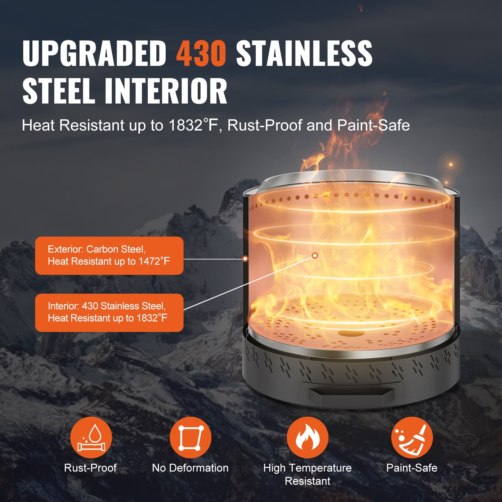 SKYSHALO Smoke-Free Fire Pit, H: 15.4 in x Dia: 15.7 in, Wood-Fueled Fireplace with Detachable Ash Tray, SUS430 Stainless Inner, Portable for Outdoor Patio and Camping