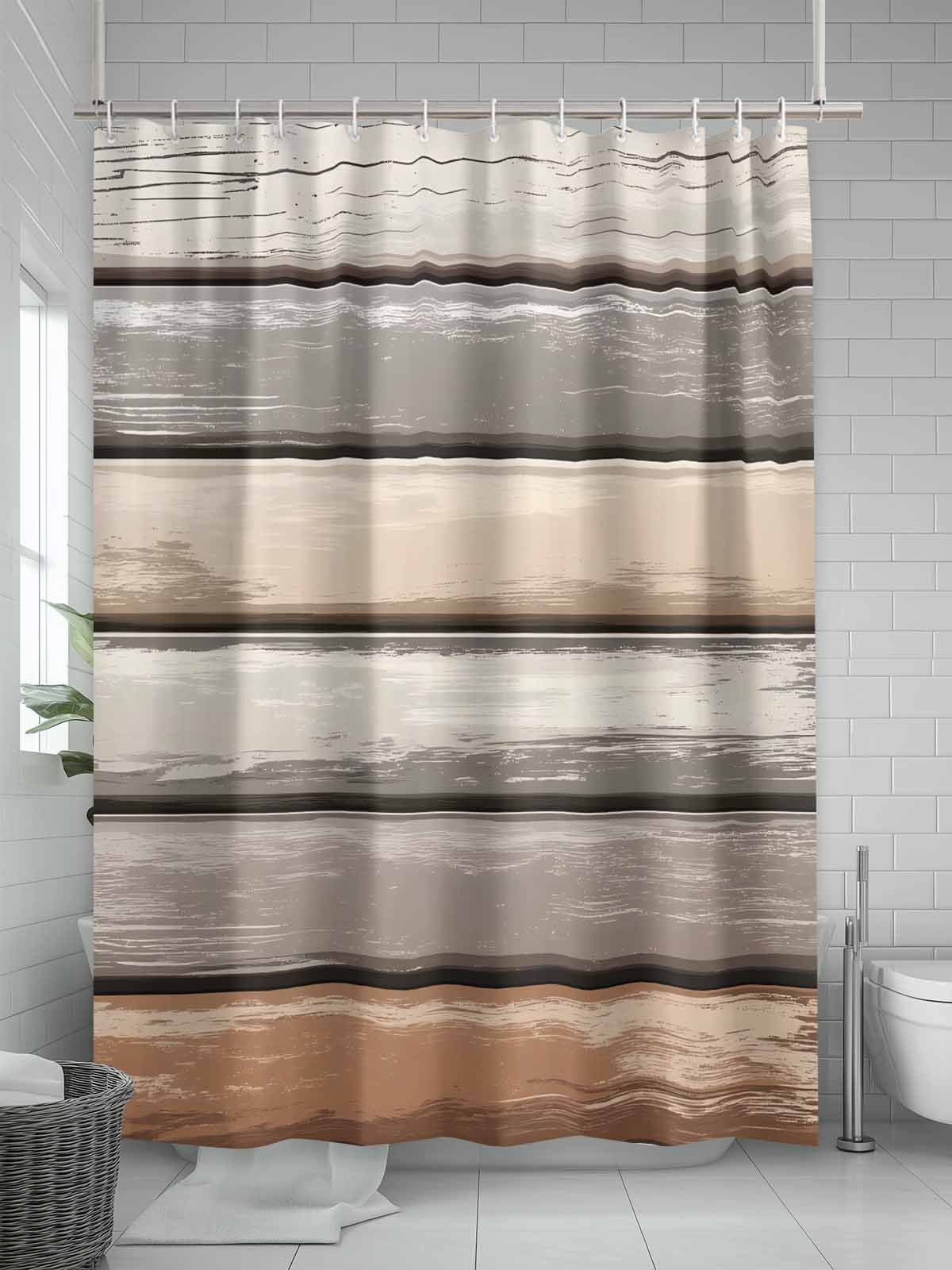 Brown Beige Stripes Shower Curtain Set, Waterproof Shower Curtains for Bathroom, Geometric Painting Neutral Textured Washable Fabric Cloth Bath Curtain for Bathtub Decoration with Hooks 48x72 Inches
