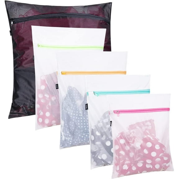 Set of 5 Mesh Laundry Bags-1 Extra Large, 2 Large & 2 Medium Laundry Bags