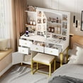 thumbnail image 2 of PAKASEPT Makeup Vanity with Lights,White Vanity Desk with Openable Mirror & 3-Color Dimmable, Charging Station, Makeup Desk with Drawer, Hooks, Hidden and Open Storage Shelves, Stool Set, 2 of 8