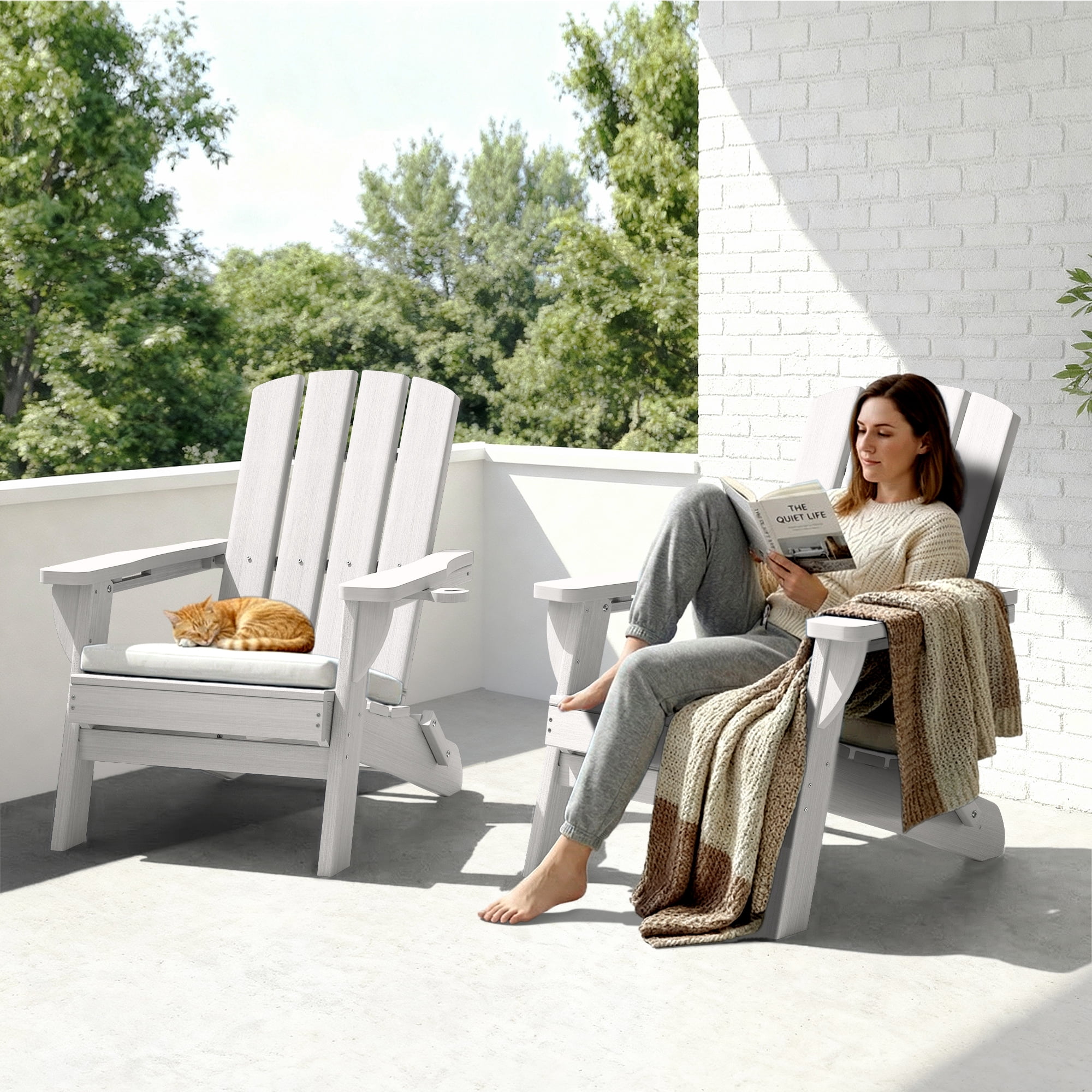 SUUNYN Folding Adirondack Chair Set of 2, HDPE Fire Pit Chairs, White