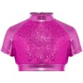 thumbnail image 7 of Aislor Girls Jazz Dance Outfit Mock Neck Short Sleeve Sequins Metallic Back Invisible Zipper Crop Top with Pants Hot Pink 12, 7 of 7