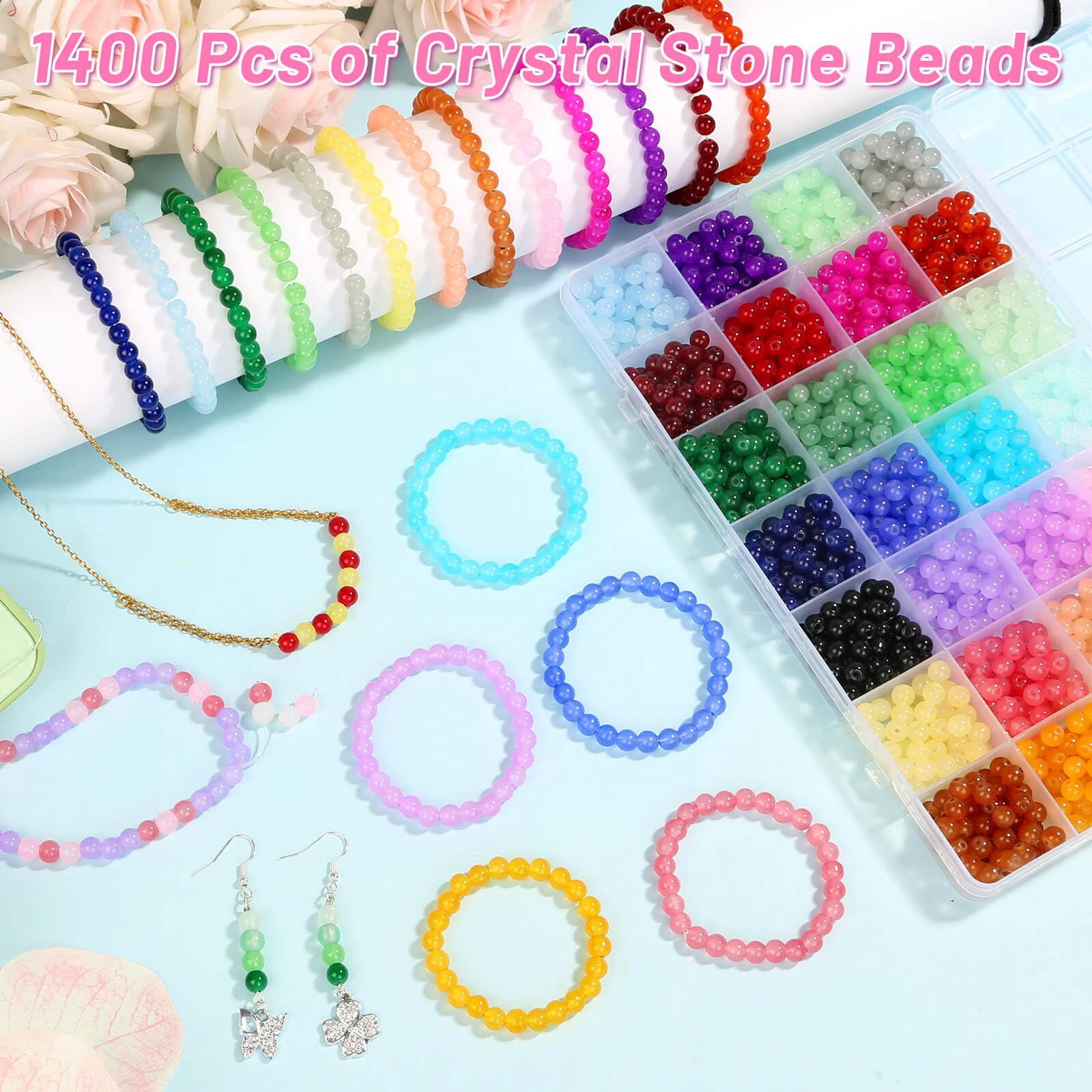 1400 Pieces 6mm Round Glass Beads for Jewelry Making, 28 Colors Crystal Beads for Bracelets Jewelry Making and DIY Crafts