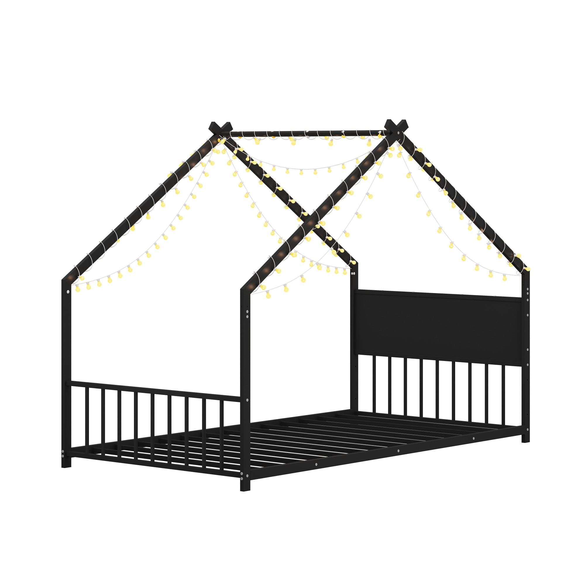 Aukfa Twin Size Metal House Bed with LED Lights, Montessori Floor Bed for Kids & Toddlers, Sturdy Frame, Easy Assembly, Black