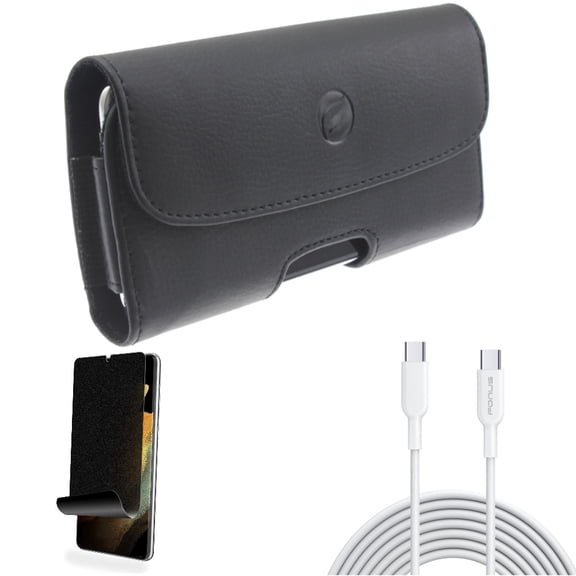 Privacy Screen Protector & Case Belt Clip & 10ft Long Type-C Cable for Samsung Galaxy S21 Ultra Phone - TPU Film Fingerprint Works & Leather Holster & Fast Charger Cord PD Accessory Bundle
