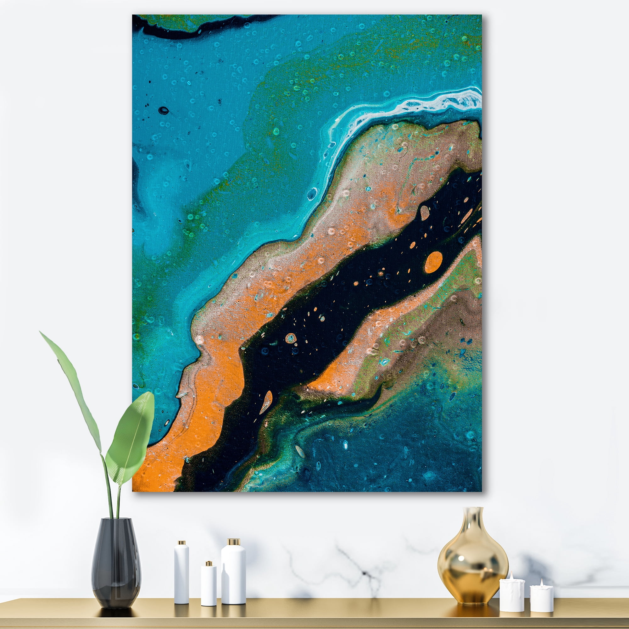 Designart ' Abstract Marble Composition In Orange and Blue II ' Modern Canvas Wall Art Print