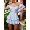 thumbnail image 3 of Women's Casual Romper Off Shoulder Short Sleeve Double Layer Ruffle Hem Jumpsuits High Waist Tie Short Romper Dress, 3 of 6
