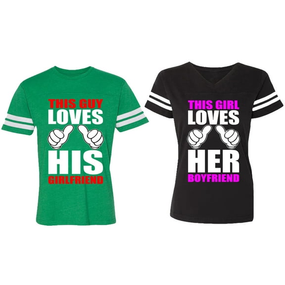 This Guy Lovs His Her Girlfriend Boyfriend Matching Couple Cotton Jerseys (Men Green / Women Black) (Men S / Women S)
