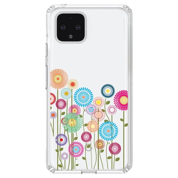 DistinctInk Clear Shockproof Hybrid Case for Google Pixel 4 XL (6.3" Screen) - TPU Bumper Acrylic Back Tempered Glass Screen Protector - Cartoon Wildflowers Stems Leaves