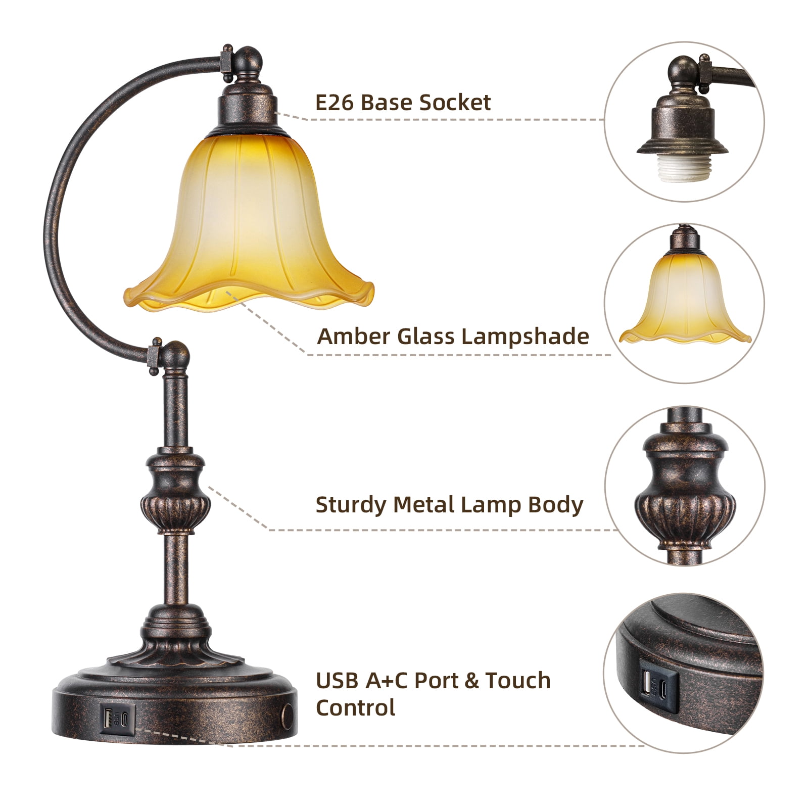 RORIA Rustic Farmhouse USB A+C Charging Port Touch Table Lamps, 3-Stage Dimmable Bedside Lamp 20", Amber Vintage Glass Lampshade for Living Room Bedroom Nightstand