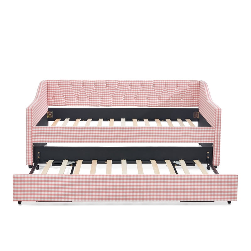 Twin Size Daybed with Pop Up Trundle, Gingham Upholstered Daybed Frame with Tufted Button Backrest and Side Storage Pocket, Modern Sofa Bed for Living Room Bedroom