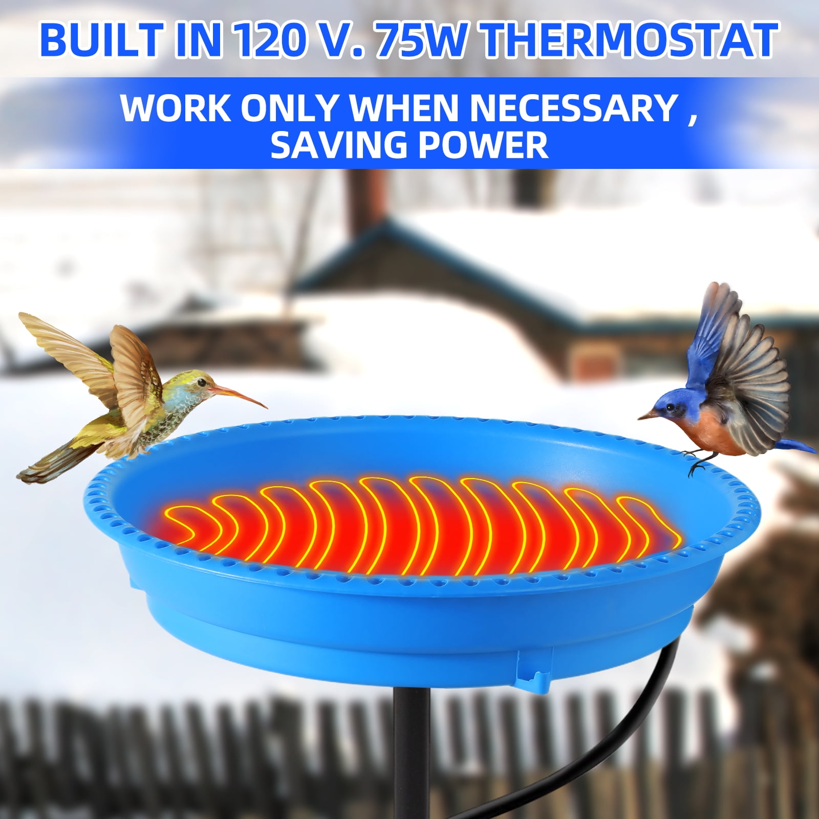 Heated Bird Bath for Outdoors for Winter, 75W Bird Bath Water Heater Bird Bath Deicer,Deep Bowl Thermostatic Control Weather Resistance Available with Stable Metal Pole for All Seasons(Blue)