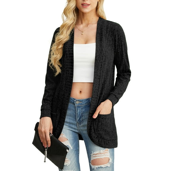 JWD Women's Cardigan Long Sleeved Storage Casual Lightweight Soft And Comfortable Fan-shaped Hem Knitted Cardigan Sweater Coat Black L