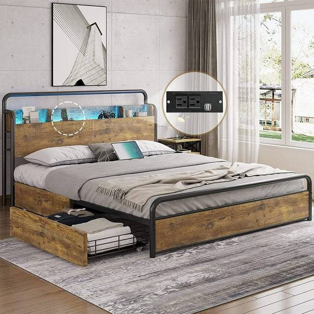 Full LED Bed Frame with 4 Storage Drawers and Headboard, Metal Storage