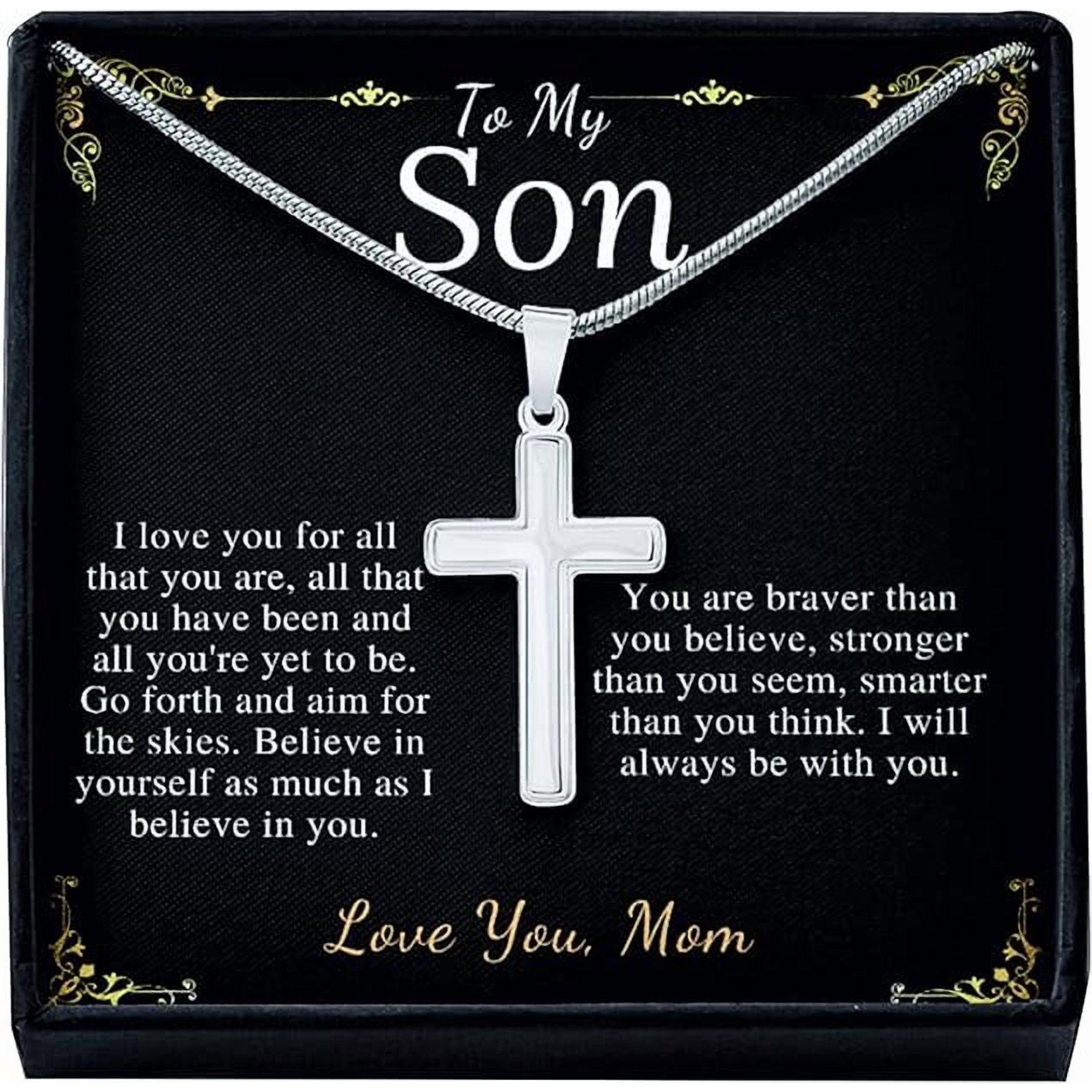 Cross Necklace Gift For Son, Christmas Gift For Son From Mom, To My Son Graduation Present Stainless Steel Snack Chain Cross Necklace with Message Card